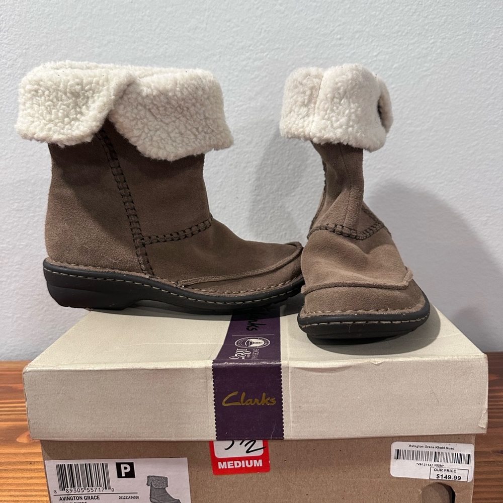 Clarks Brown Suede Boots with Shearling Cuff